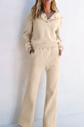 Half Snap Long Sleeve Hooded Top and Pants Set Parchment OutfitFlow