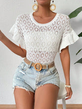 Ruffled Openwork Round Neck Knit Top White OutfitFlow