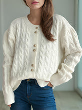 Cable-Knit Round Neck Long Sleeve Cardigan White One Size OutfitFlow