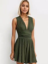 Ruched Plunge Sleeveless Romper Army Green OutfitFlow