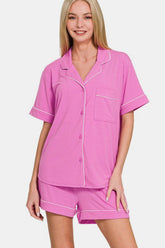 Zenana Button Down Short Sleeve Top and Shorts Lounge Set BRIGHT MAUVE OutfitFlow