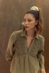 Annie Wear Smocked Front Long Sleeve Babydoll Blouse Olive OutfitFlow