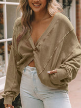 Exposed Seam Twisted V-Neck Sweatshirt Mocha OutfitFlow