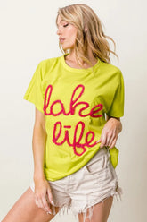 BiBi Metallic Letter Short Dolman Sleeve Top NEON GREEN OutfitFlow