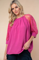White Birch Round Neck Lace Half Sleeve Blouse Mauve OutfitFlow
