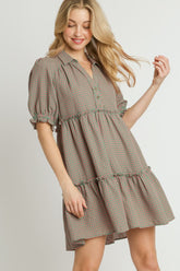 Umgee Full Size Plaid Frill Button Detail Ruffled Short Sleeve Dress Plus Size GREEN PINK OutfitFlow