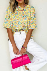 Floral Print Round Neck Oversized T-Shirt Yellow OutfitFlow