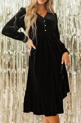 Ruffle Hem Slit V-Neck Long Sleeve Dress Black OutfitFlow