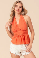 BiBi Back Open With Halter Neck Wrinkled Tank Top ORANGE OutfitFlow