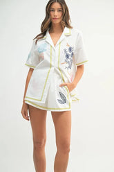 MABLE Embroidered Button Down Shirt and Shorts Set Lime OutfitFlow