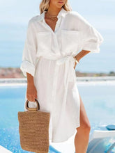 Button Down Tie Waist Shirt Dress White OutfitFlow