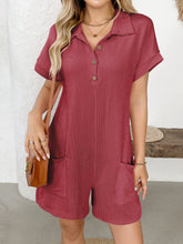 Button Detail Collared Neck Short Sleeve Romper Scarlet OutfitFlow