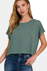 Zenana Round Neck Short Sleeve Crop T-Shirt Ash Jade OutfitFlow