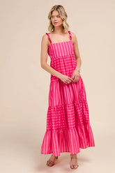 SO ME Stripe Tiered Maxi Dress with Colorful Chain Strap PINK RED OutfitFlow