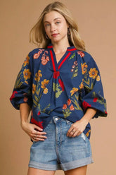 Umgee Floral Print Flounce Sleeve Blouse MIDNIGHT MIX OutfitFlow