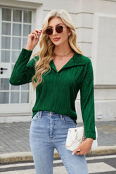 Texture Collared Neck Long Sleeve Blouse Dark Green OutfitFlow