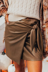 Bowknot Elastic Waist Mini Skirt Brown OutfitFlow