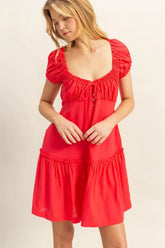 HYFVE Ruched Frill Tiered Short Sleeve Mini Dress Red OutfitFlow
