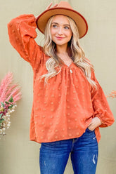 And The Why Swiss Dot V Neck Balloon Sleeve Woven Blouse Rust OutfitFlow