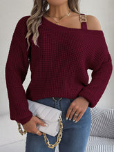 Asymmetrical Neck Long Sleeve Sweater Wine OutfitFlow