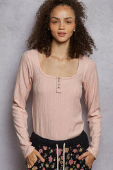 POL Square Neck Cropped Knit Top with Curved Hem POWDER PINK OutfitFlow