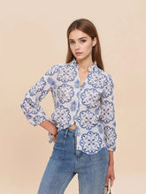 Eyelet Embroidered Long Sleeve Shirt Blue OutfitFlow