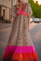 Full Size Leopard V-Neck Half Sleeve Maxi Dress Leopard OutfitFlow