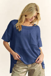 Davi & Dani High-Low Round Neck Knit Top Dark Blue OutfitFlow