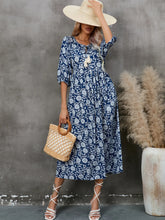 Printed Tie Neck Midi Dress Navy OutfitFlow