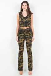 American Bazi V-Cut Ruched Camo Flare Pants Olive Camo OutfitFlow