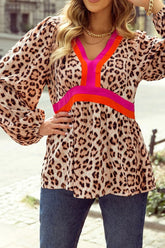 Leopard Print V-Neck Blouse with Contrast Trim Leopard OutfitFlow