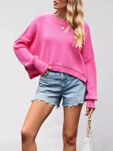 Round Neck Dropped Shoulder Sweater Fuchsia Pink OutfitFlow