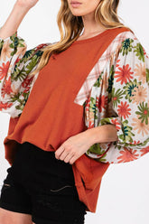 Printed Round Neck Balloon Sleeve Blouse Orange-Red OutfitFlow