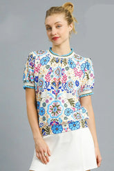 Umgee Retro Floral Puff Sleeve Top Pastel Blue OutfitFlow