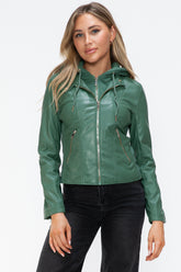 Snobbish Faux Leather Zip Up Drawstring Hooded Jacket Sage OutfitFlow