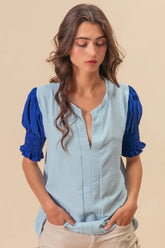 BiBi Air Flow Color Block Puff Sleeves V Neck Top LT.BLUE ROYAL OutfitFlow