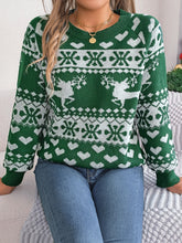 Christmas Element Round Neck Long Sleeve Sweater Dark Green OutfitFlow