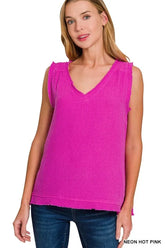 Zenana Double Gauze Raw Edge V-Neck Tank NEON HOT PINK OutfitFlow