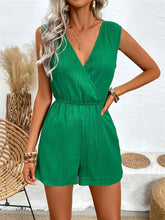 Textured Surplice Sleeveless Romper Dark Green OutfitFlow