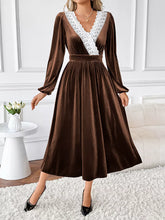 Velvet A-Line Dress with Lace Trim Brown OutfitFlow