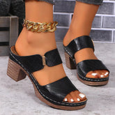 PU Leather Block Heel Sandals Black OutfitFlow