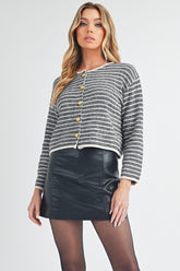 Aemi + Co Striped Button Down Round Neck Cardigan Black OutfitFlow