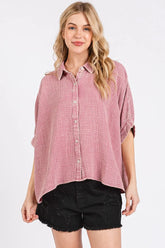 Mittoshop Mineral Wash Gauze Dolman Sleeve Button Down Shirt DUSTY PINK OutfitFlow