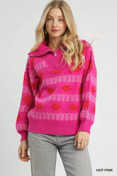 Umgee Floral Patterned Jacquard Quarter-Zip Pullover Sweater HOT PINK OutfitFlow