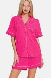 Zenana Button Down Short Sleeve Top and Shorts Lounge Set Hot Pink OutfitFlow