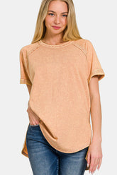 Zenana Heathered Round Neck Short Sleeve Top Brush OutfitFlow