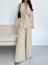 Front Tied Shirt and Wide-Leg Pants Set Apricot OutfitFlow