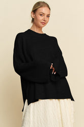 Davi & Dani High-Low Round Neck Drop Shoulder Sweater Black OutfitFlow