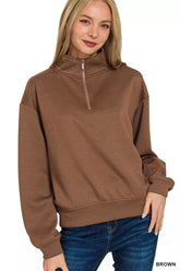 Zenana Scuba Half Zip Pullover Sweatshirt BROWN OutfitFlow