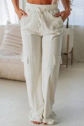 Drawstring High Waist Pants with Pockets Ivory OutfitFlow